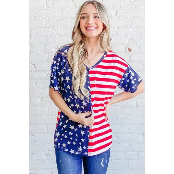 And The Why American Flag Theme Short Sleeves V-Neck Relaxed Fit Top | Red/Navy - Picture 5 of 8